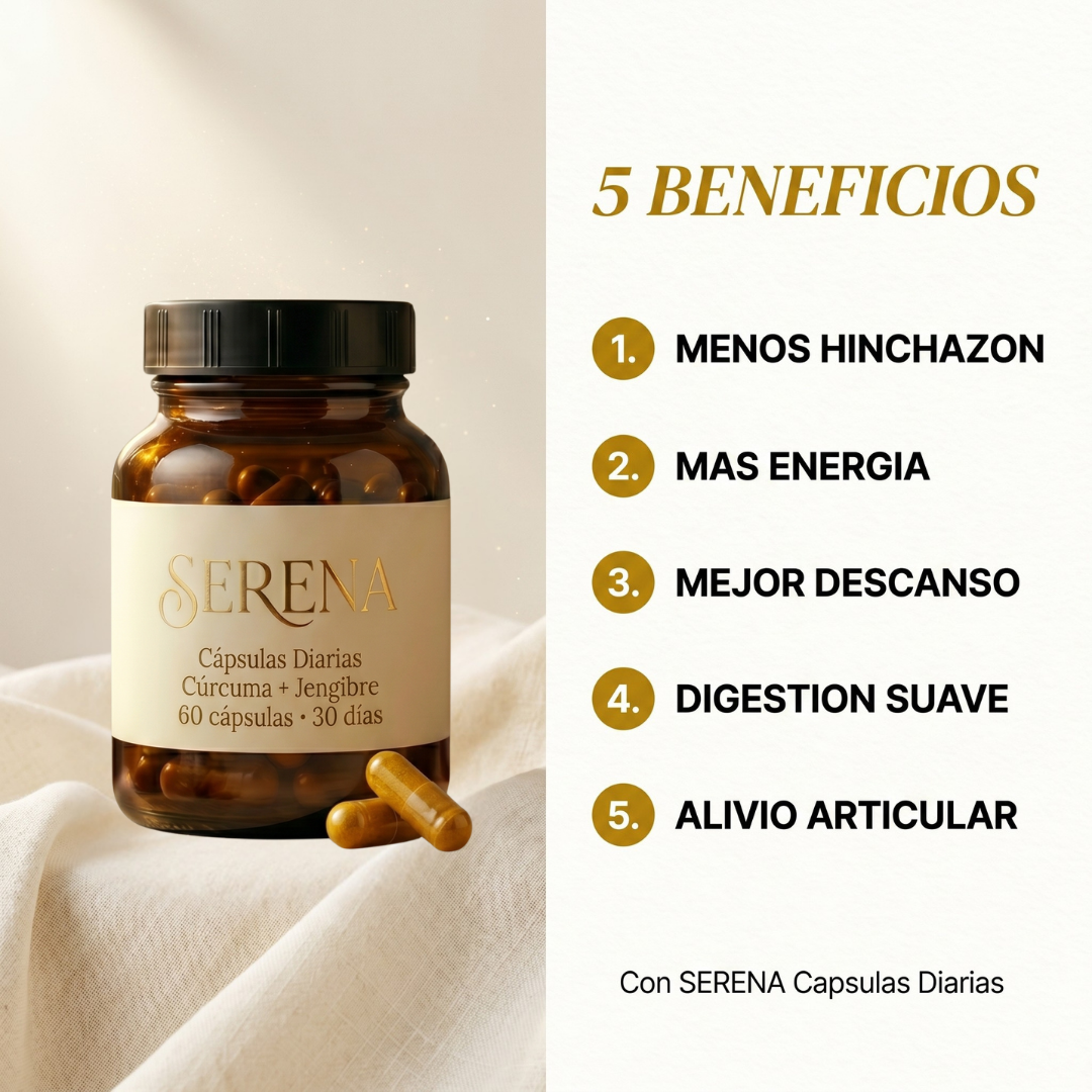 SERENA Cápsulas desinflamantes · Cúrcuma + Jengibre + Pimienta